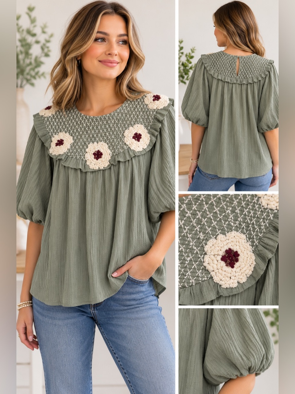 Entro Woman’s Sz Small Sage Embroidered Floral Smocked Boho Puff Sleeve Blouse